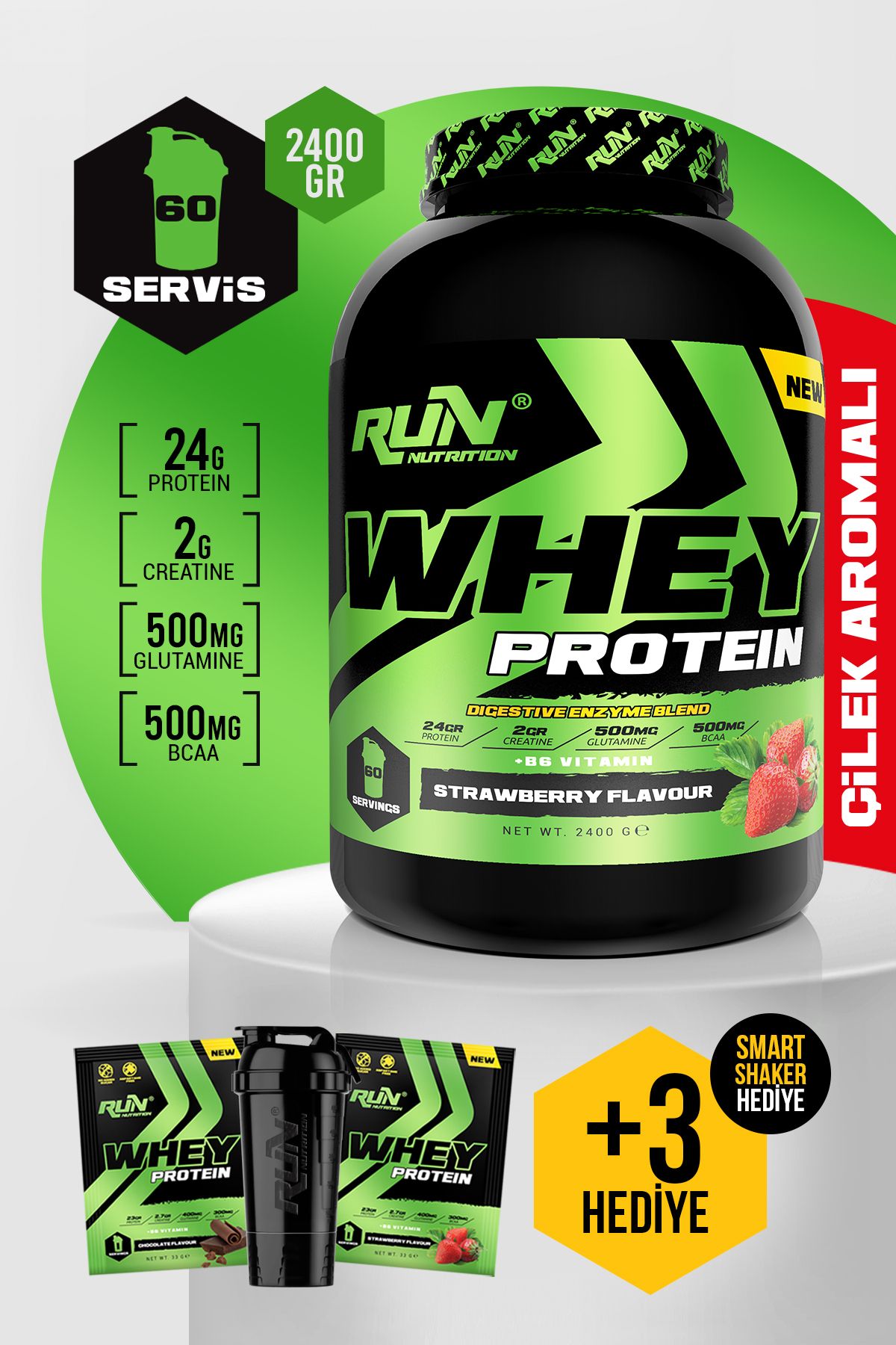 Run Nutrition Whey Protein - 2.4 Kg - Çilek Aromalı - 60 Servis - Hediyeli