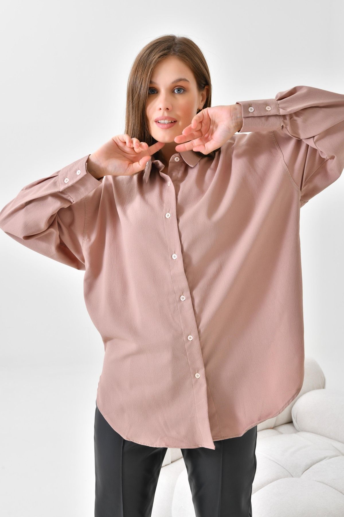 mirach Kanyon Rengi Basic Oversize Gömlek Tunik Geniş Kesim Kahve Tunik Kadın Gömlek Uzun Gömlek Salaş