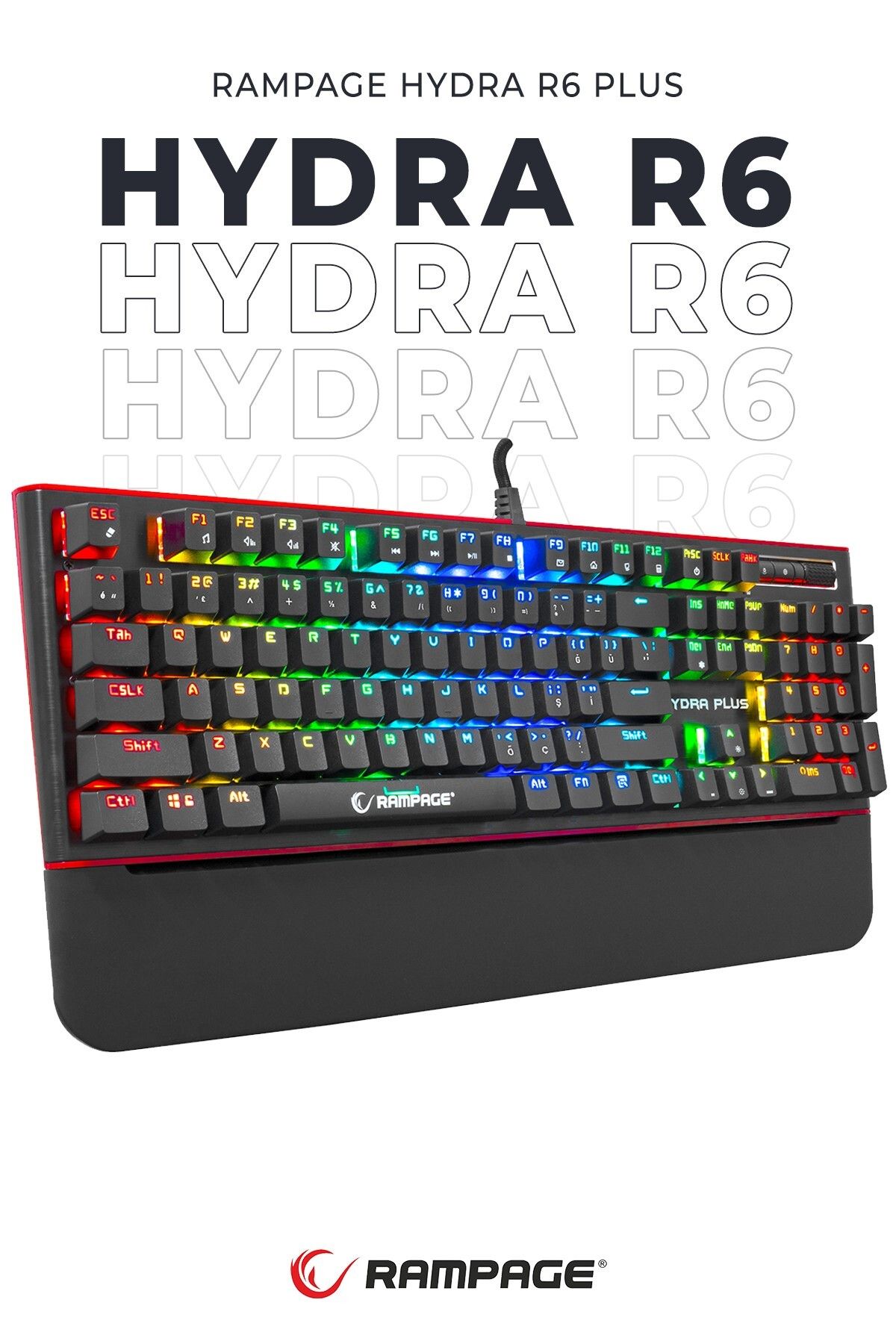 Rampage Hydra R6 Plus Full Rgb Usb + Audio Portlu Aluminyum Kaplama Mavi Switch Gaming Mekanik Klavye