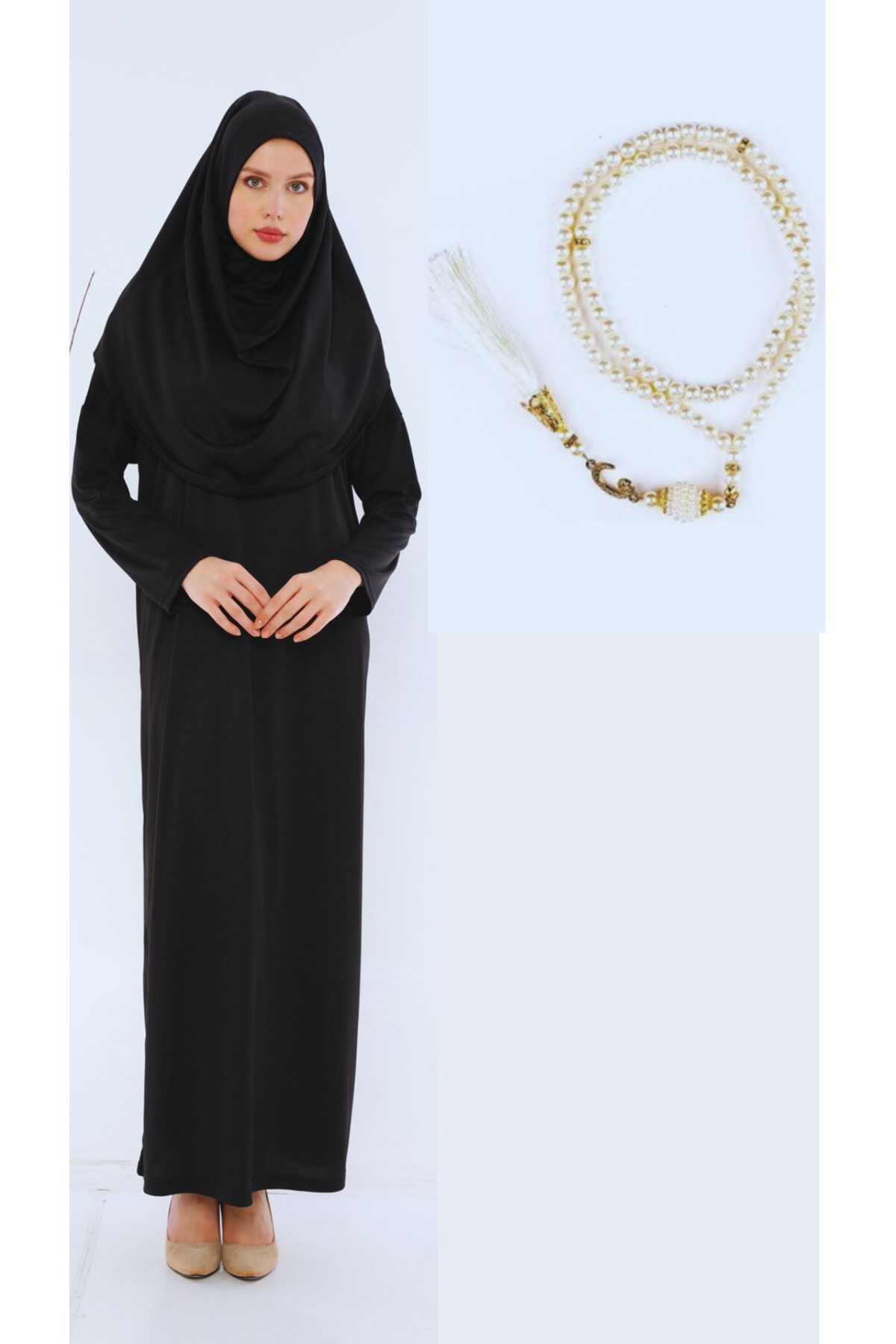 Feyza Fashion Kadın Boydan Giymeli Siyah Namaz Elbisesi Ve 99'luk Inci Tesbih