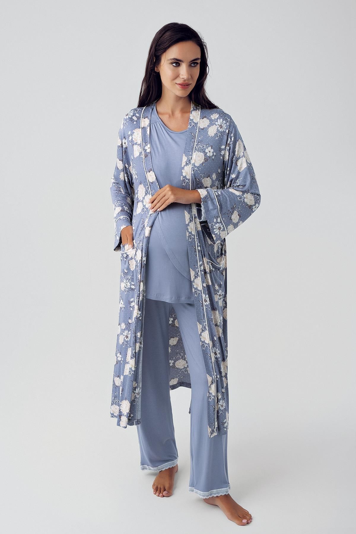 Artış Kadın Uzun Kollu Emzirme Bölmeli Desenli Likralı Viskon Hamile Sabahlık Pijama Takımı