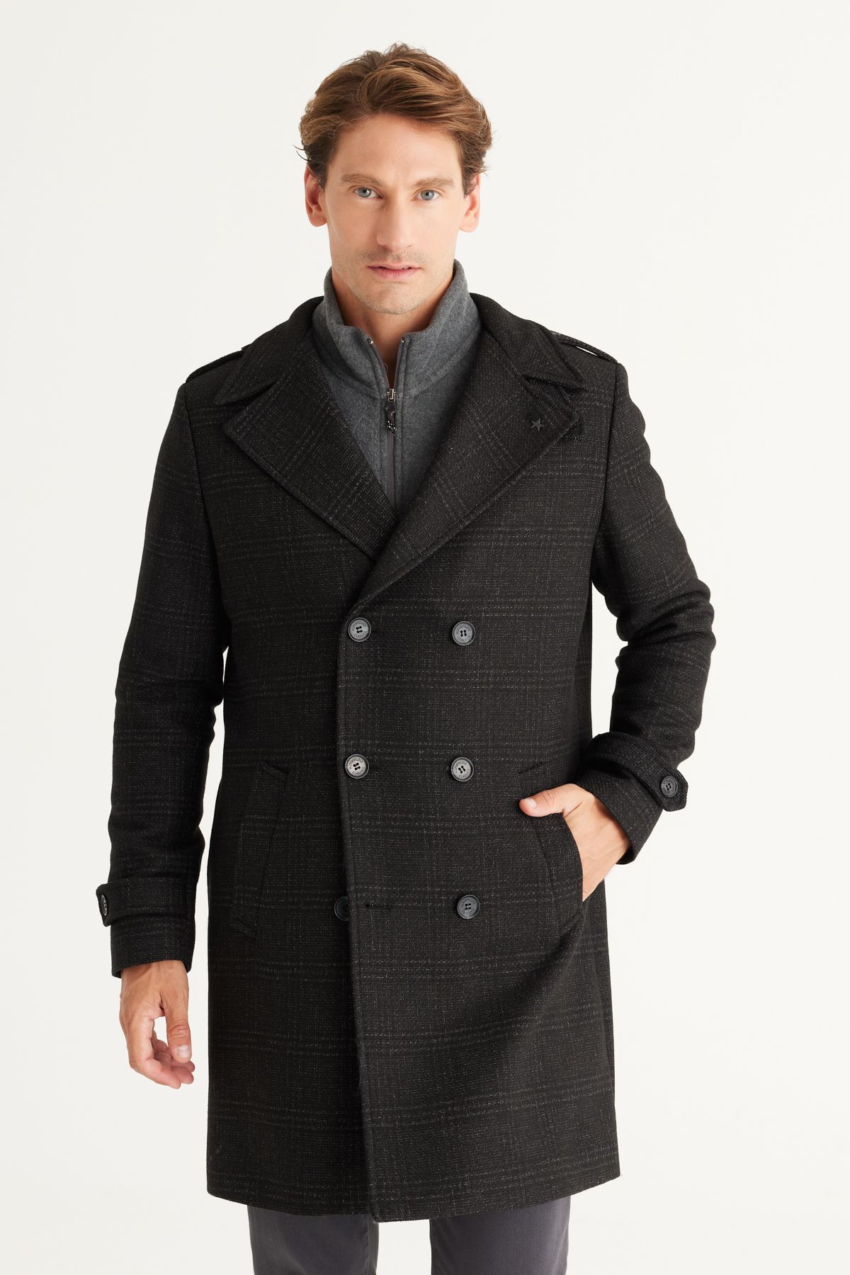 Altınyıldız Classics Erkek Siyah Standart Fit Normal Kesim Mono Yaka Desenli Palto