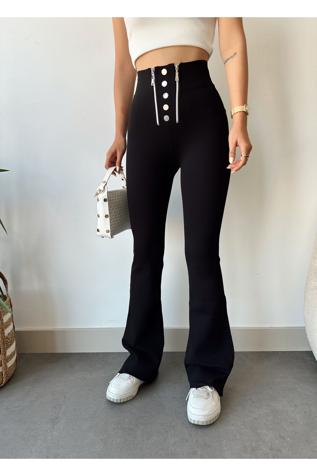 Undeka Store Kadın Fermuar Çıtçıt Detaylı Çelik Toparlayıcı Ispanyol Paça Pantolon