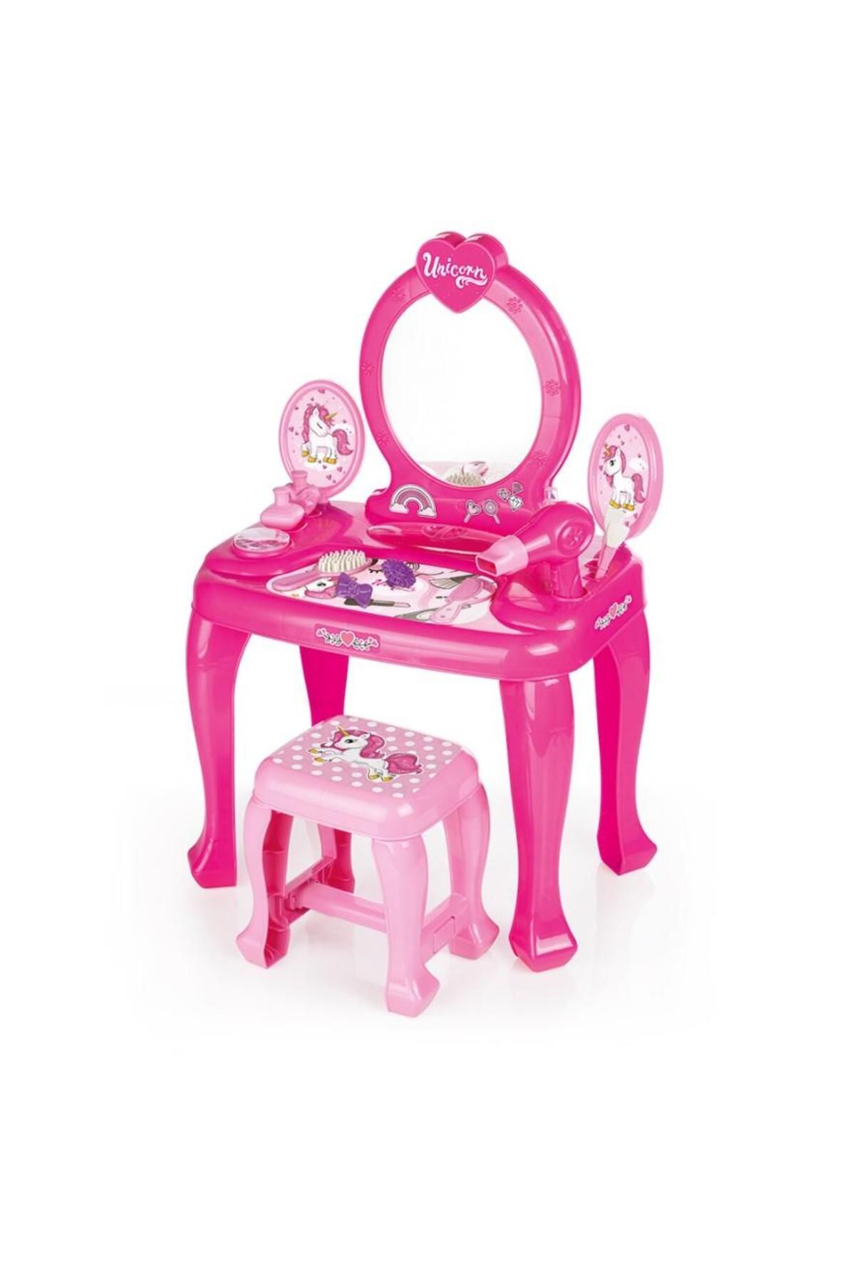 Dolu Unicorn Oyuncak Makyaj Masası Seti Tabureli Pembe Kız Çocuk Güzellik Makyaj Seti