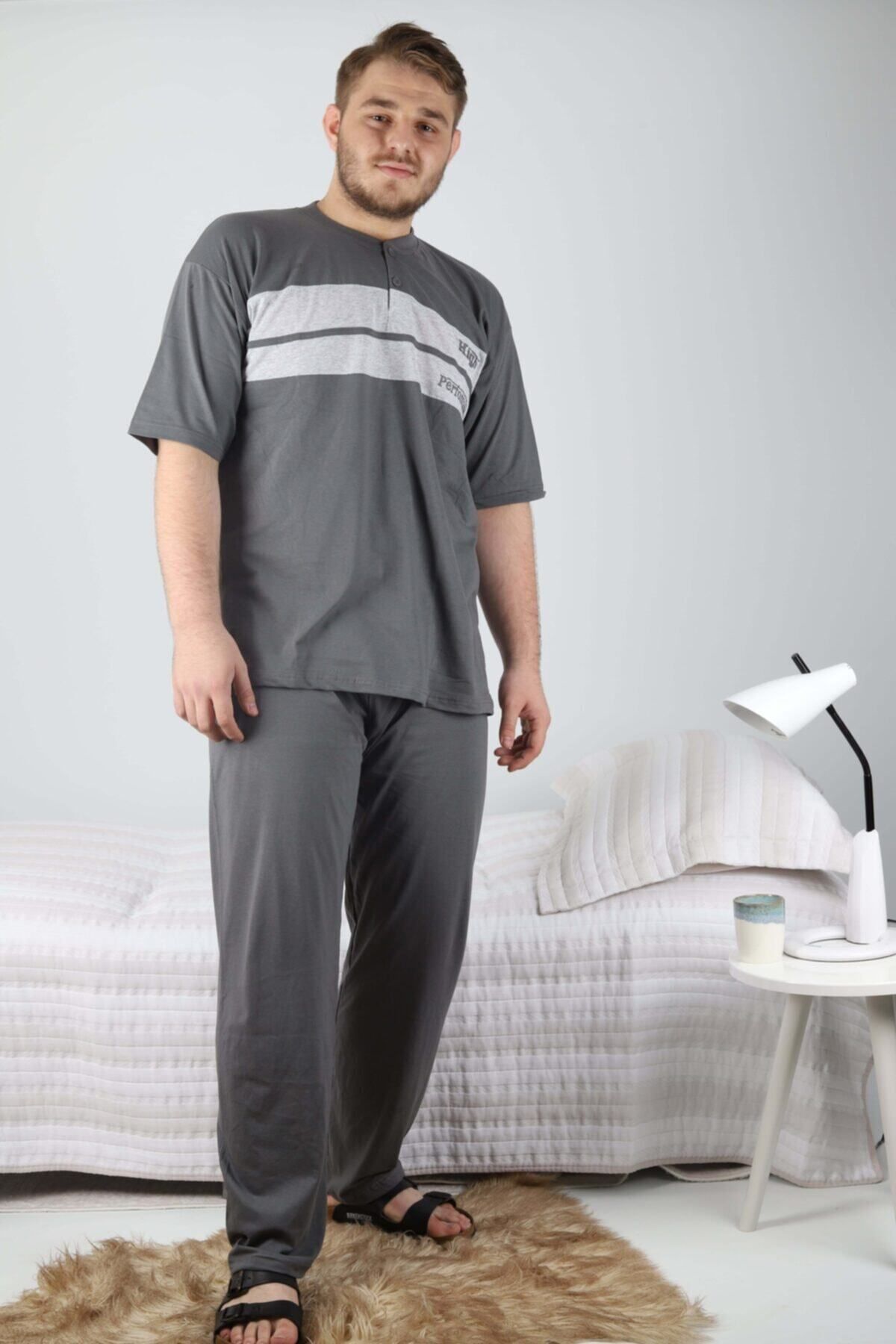 ŞİPKA Erkek füme Kısa Kollu Süprem Büyük Beden Pijama Takım
