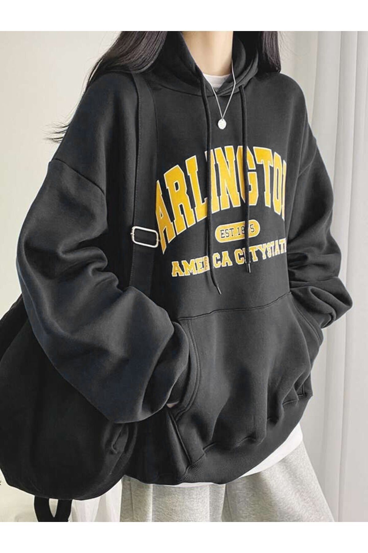 MODARİCH Arlington Sweatshirt - Siyah Baskılı Oversize Şardonlu Kapüşonlu