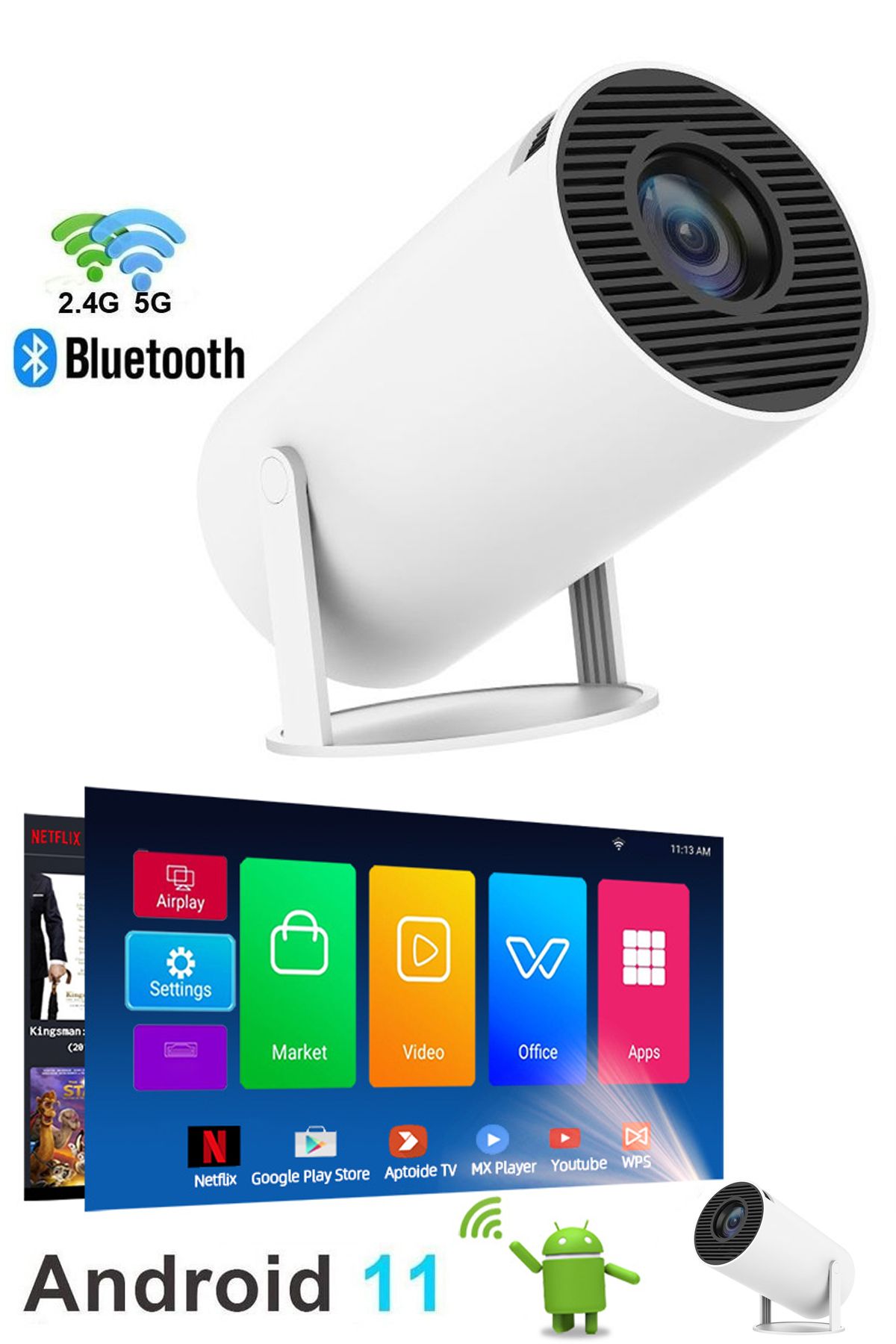 TECHNOMEN Taşınabilir Sinema Projektörü 1280 * 720P Ev Sineması Bluetooth Android 11 Akıllı Projeksiyon Wifi