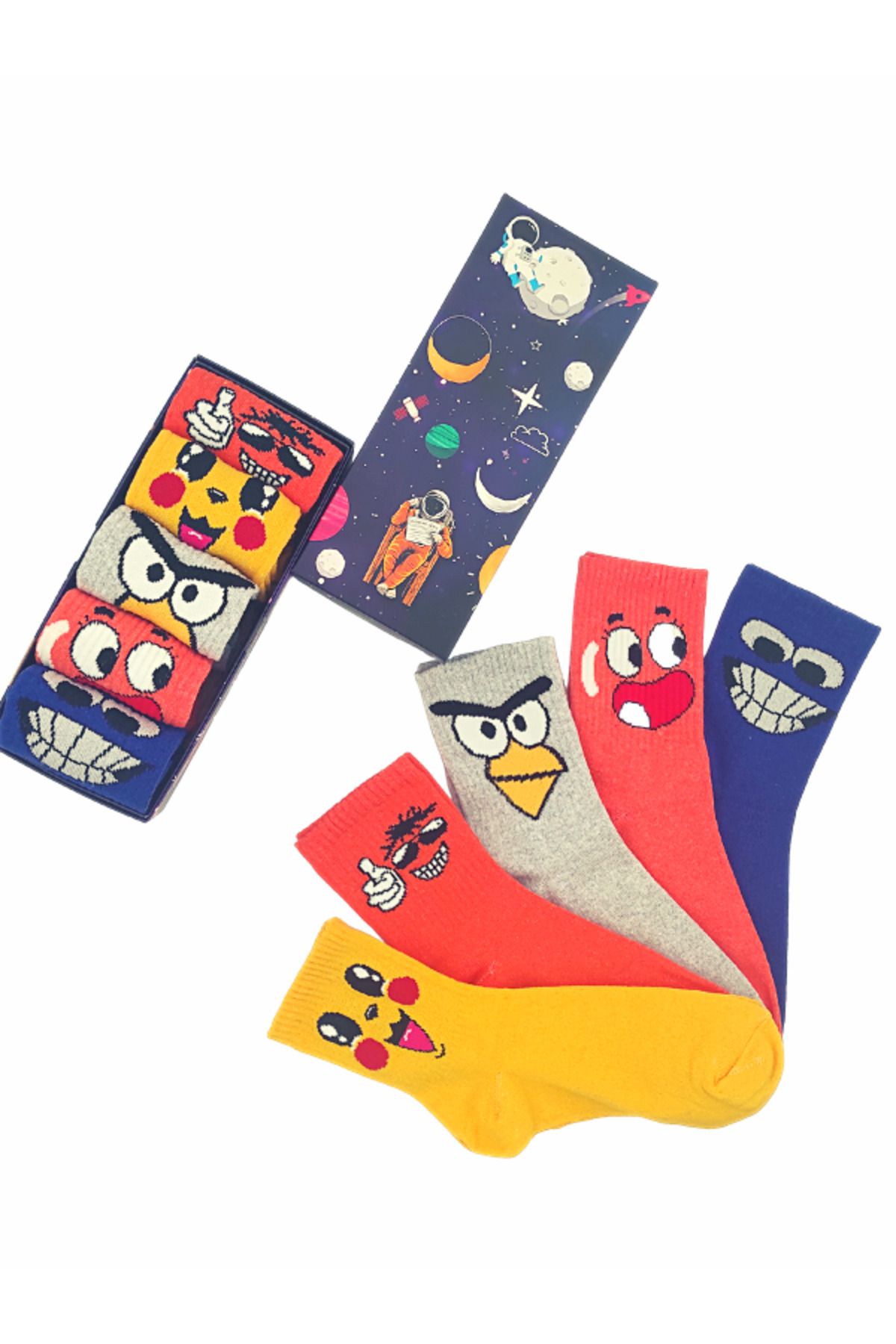 Bonapart 5'li Unisex Angrybirds Pikachu Smile Temalı Renkli Kutulu Spor Çorap Seti