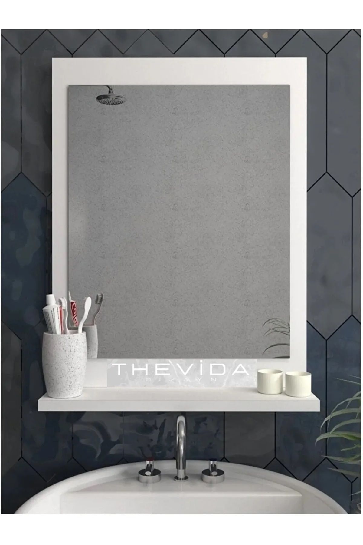 Thevida Banyo Aynası, Dresuar,60x45 Beyaz Raflı Banyo Aynası