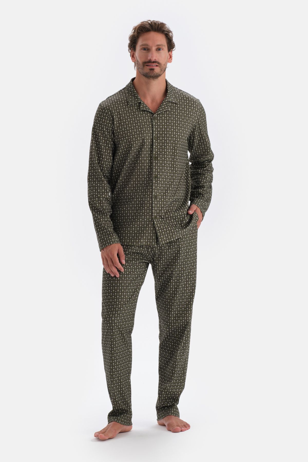 Dagi Yeşil Mikroprint Baskılı Örme Gömlek Pijama Takımı