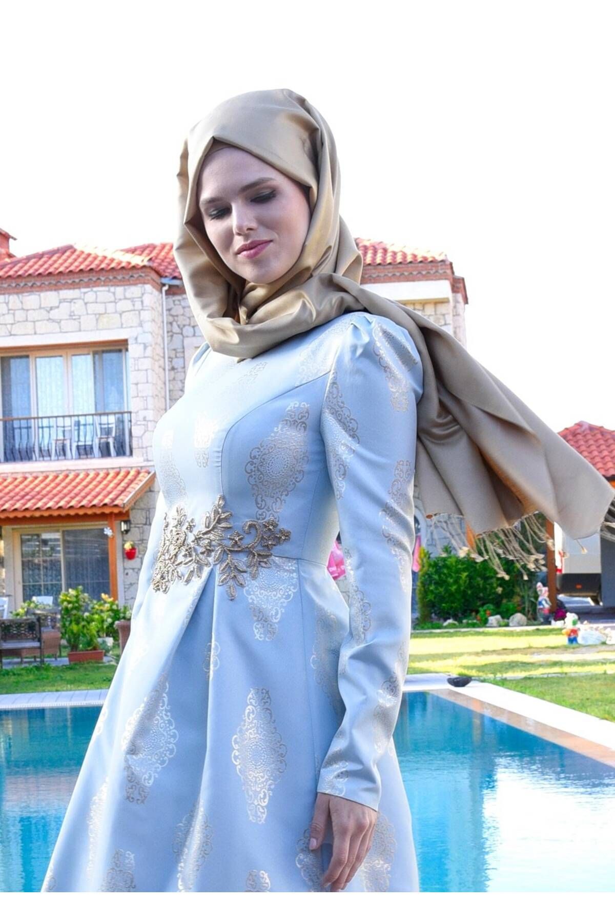 TRENDTESETTÜR Kadın Mavi Işleme Detaylı Jakar Kumaş Abiye Elbise 5290