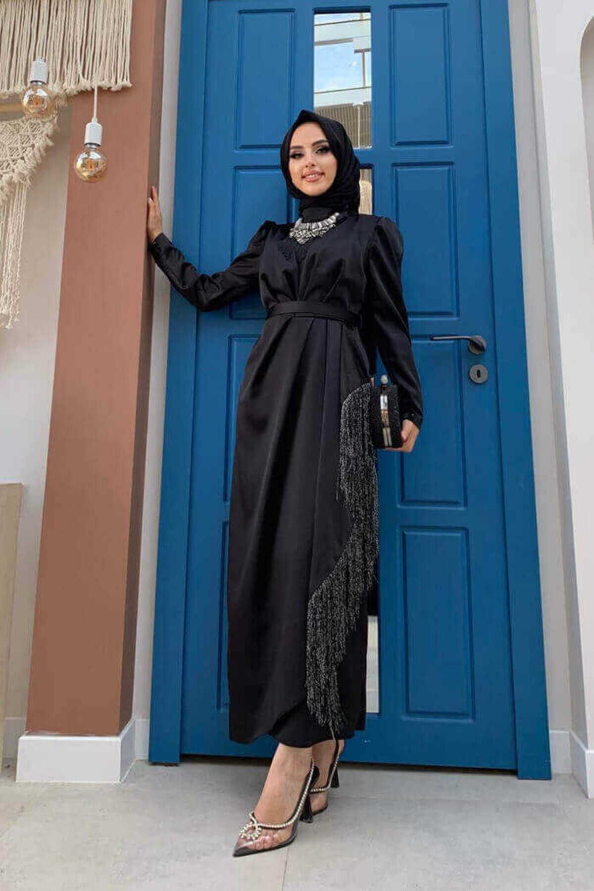 Bym Fashion Etek Püskül Detay Kemer Aksesuarlı Saten Abiye Elbise 3763 Siyah