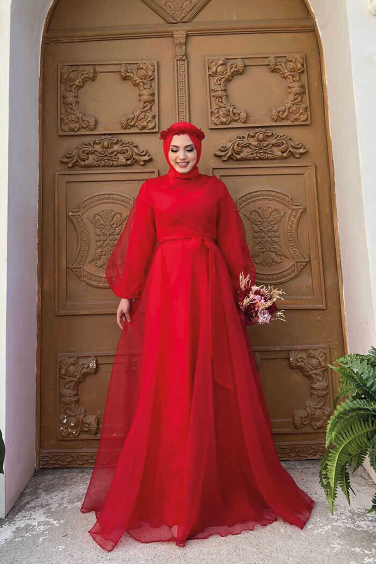 Bym Fashion Omuz Şerit Detay Bel Bağlamalı Tül Abiye Elbise 3964 Kırmızı