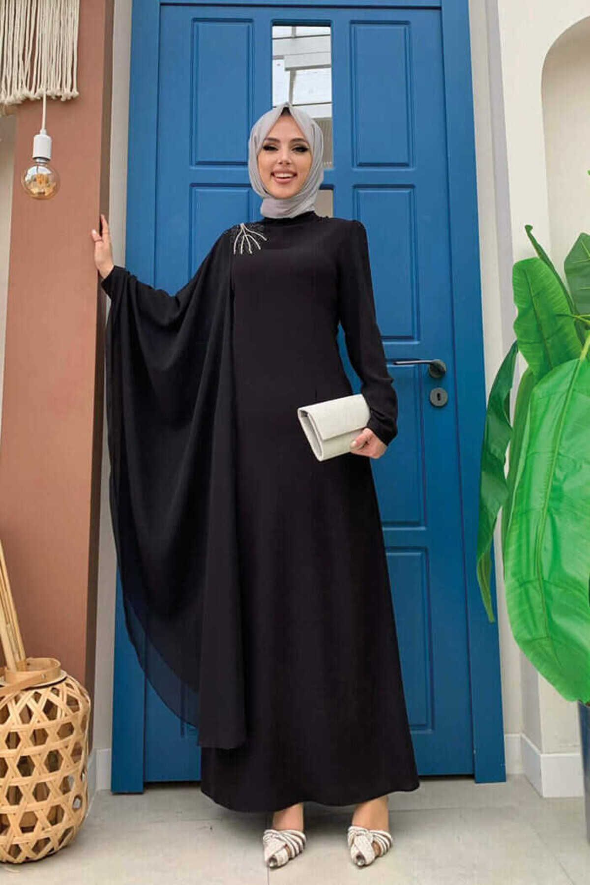 Bym Fashion Tek Kol Şifon Pelerin Omuz İşleme Detay Abiye Elbise 3796 Siyah