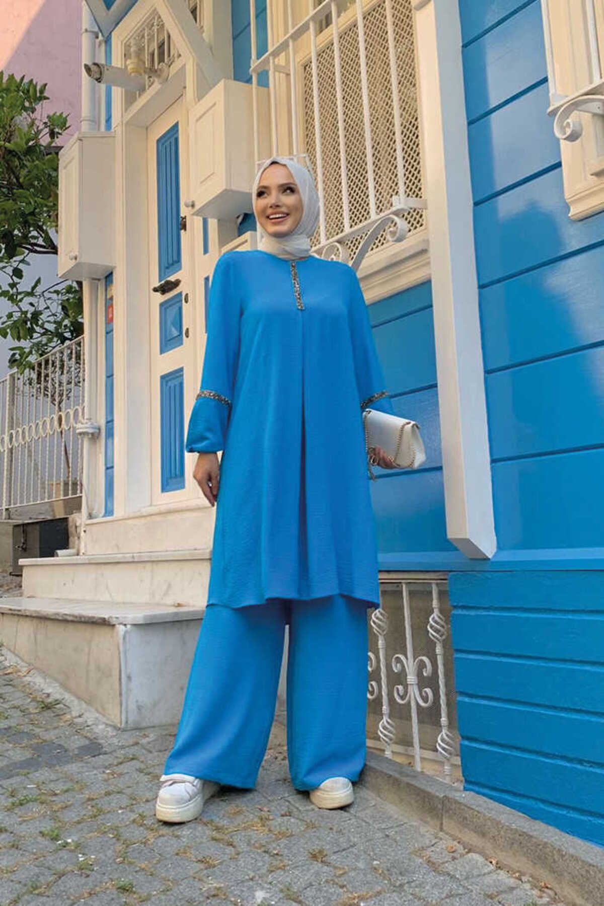 Bym Fashion Taş İşleme Detaylı Pantolonlu Tunik Takım 8464 Mavi