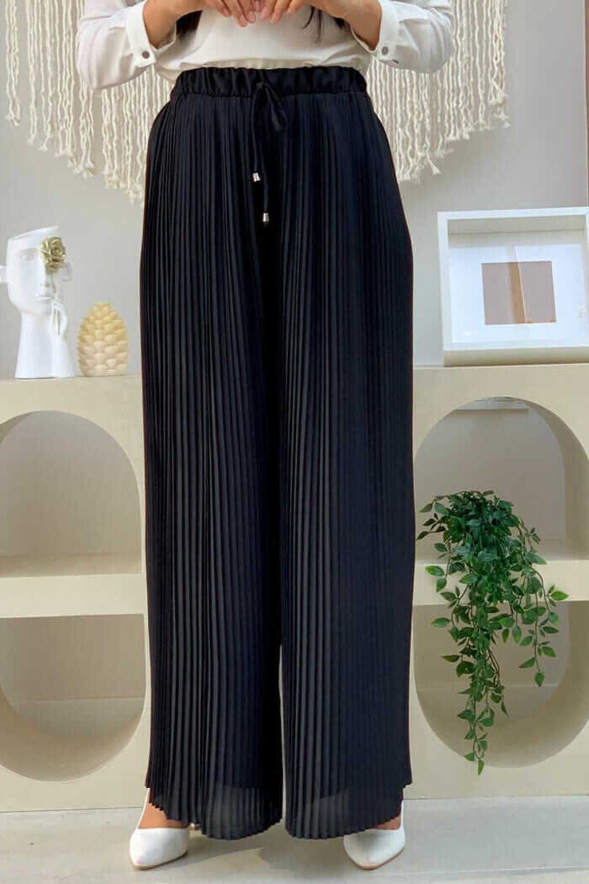 Bym Fashion Bel Lastikli Bağcık Görünümlü Piliseli Pantolon 0129 Siyah