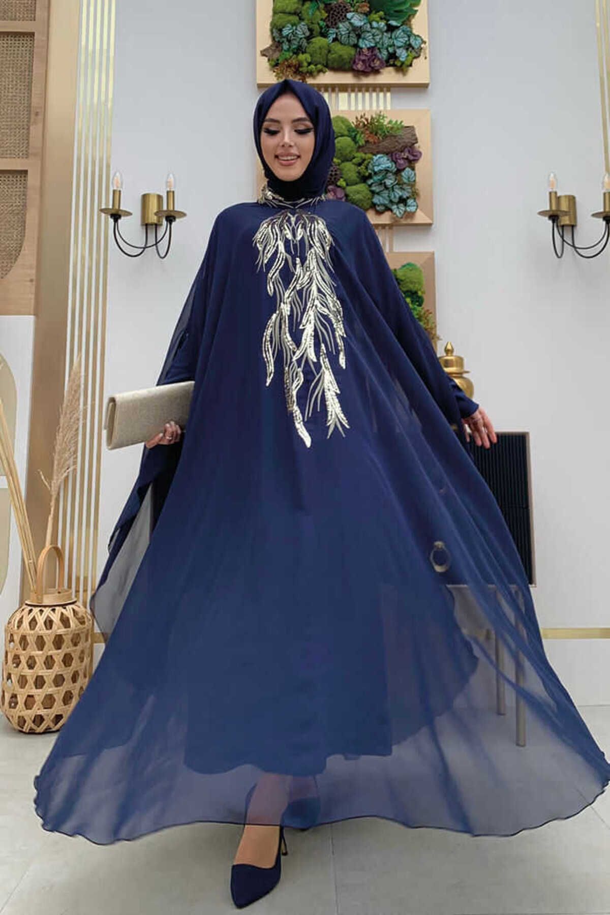 Bym Fashion Pul Payet İşlemeli Şifon Pelerinli Elbiseli Abiye Takım 3774 Lacivert