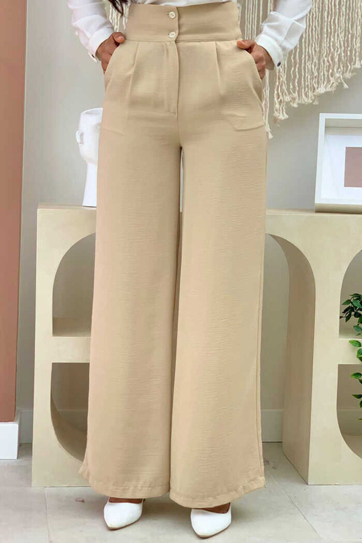 Bym Fashion Cepli Düğme Detaylı Bol Paça Pantolon 0261 Taş