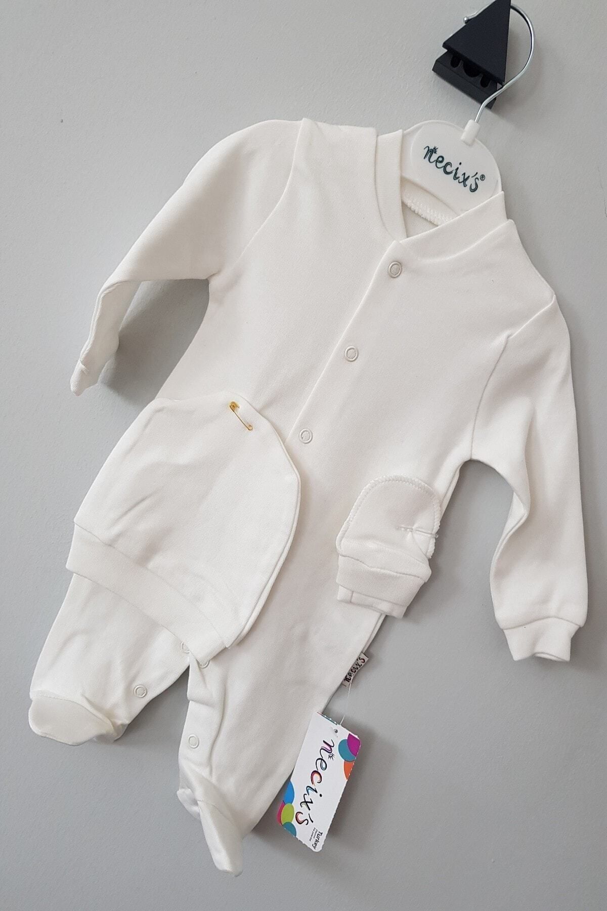 Necix's Bebe Kız Bebek Beyaz  0-9 Ay Şapkalı Eldivenli Tulum