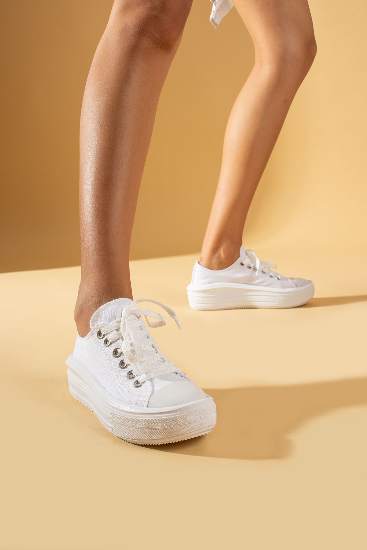 Pembe Potin Kadın Beyaz Unisex Yüksek Taban Convers Model Keten Sneaker