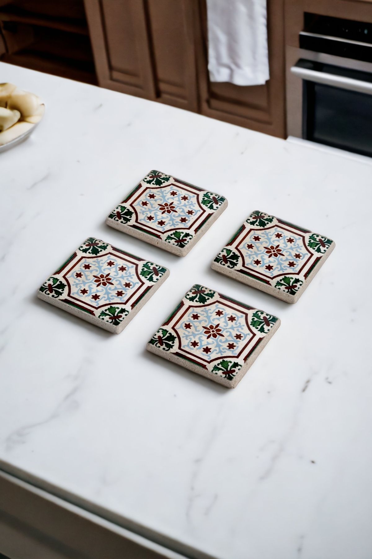 Baumatelier Yeşil Tile Çini Desen Doğal Taş Traverten Bardak Altlığı 4 lü Set