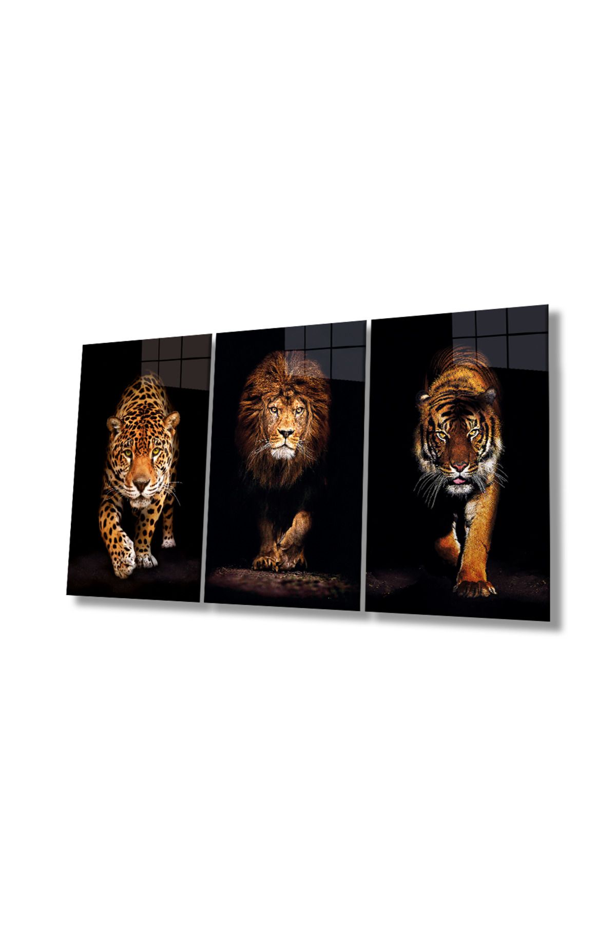 Rosyvien Jaguar, Aslan ve Kaplan 3 Parça Set Cam Tablo, Vahşi Hayvan Portresi, Hediyelik Ev Ofis Duvar Dekoru