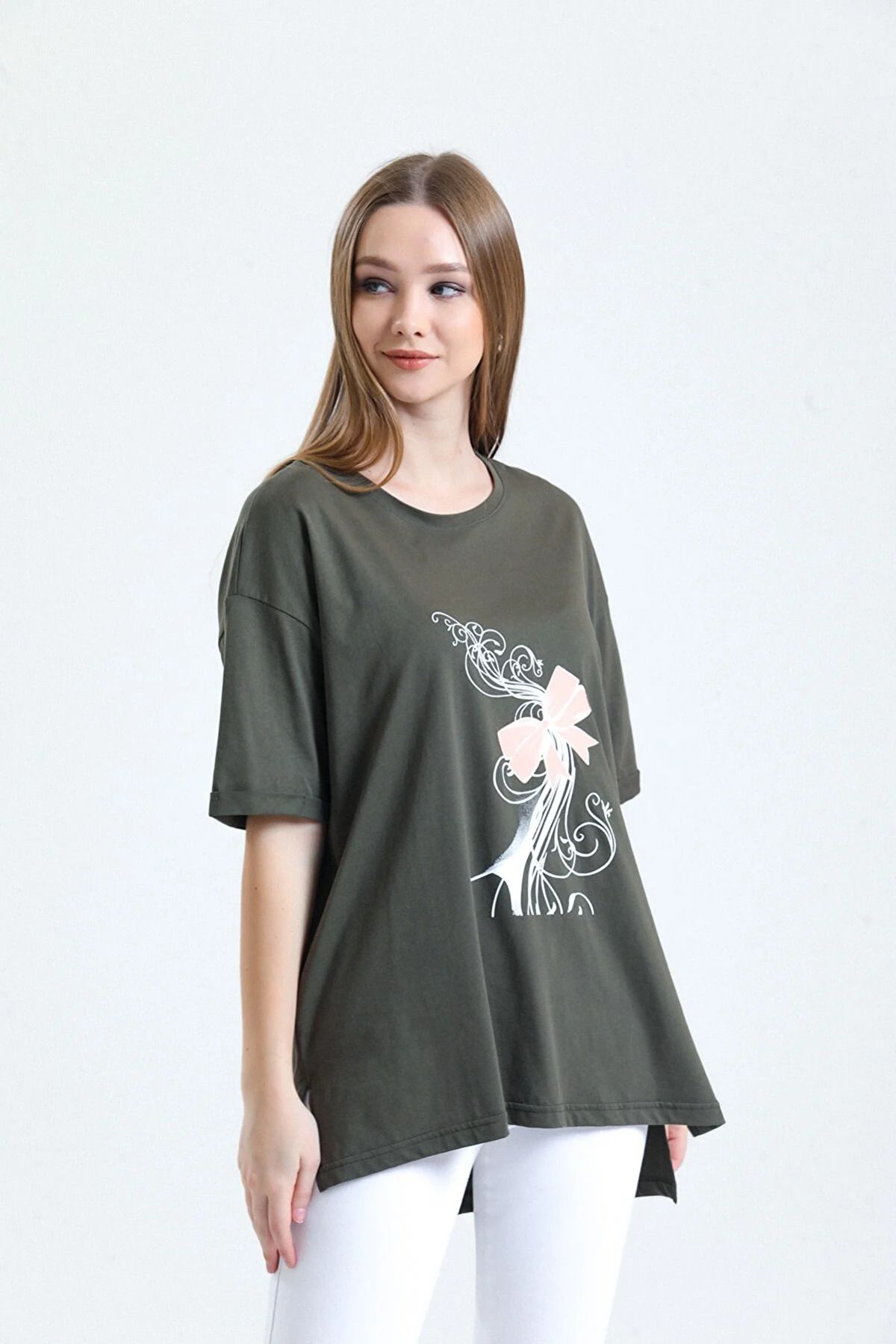 sufyy %100 Pamuk Penye Haki Yeşili Oversize T-shirt