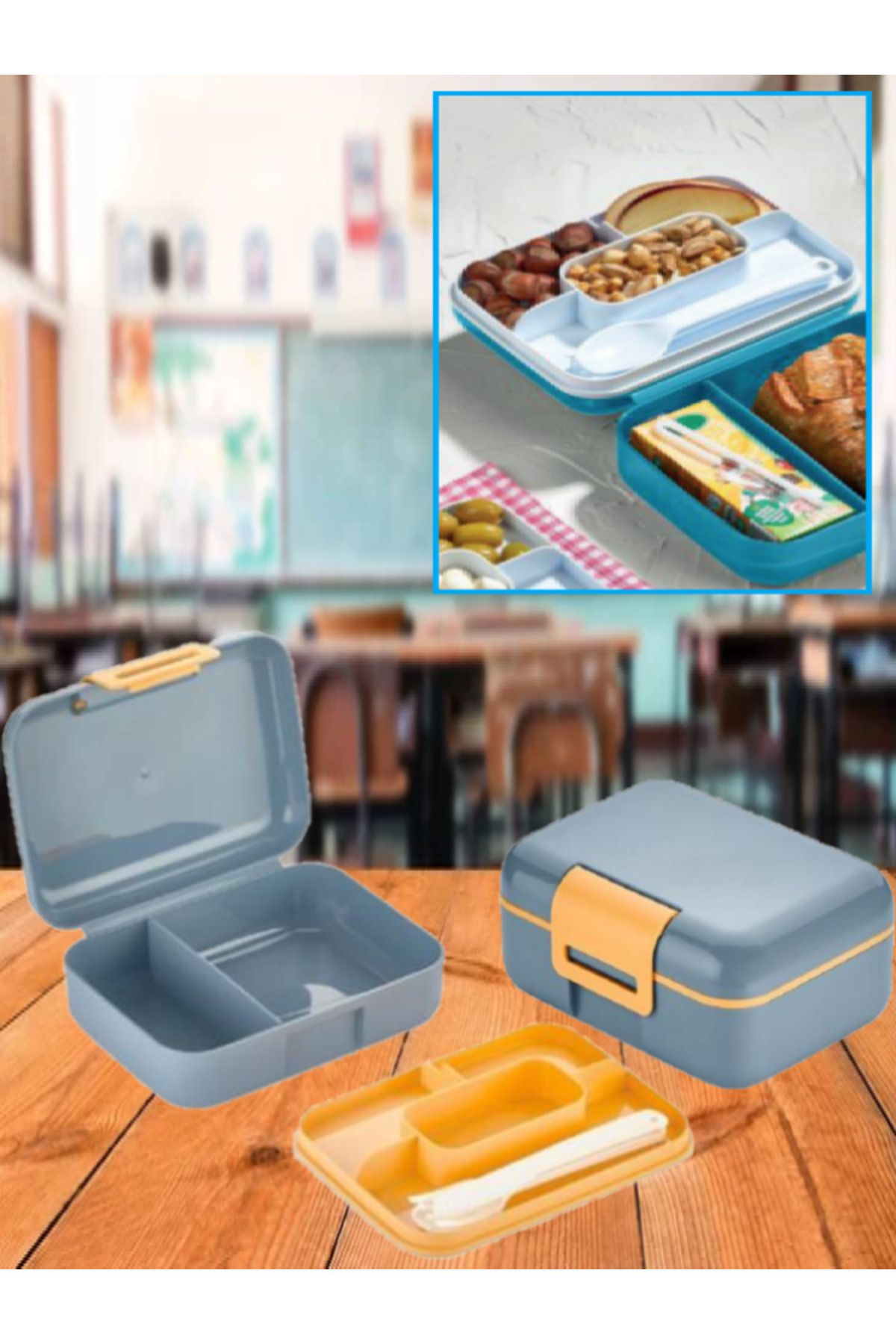 Bayev Mavi Katlı Bölmeli Kilitli Beslenme Kutusu Ve Kaşık Seti Çerez Ekmek Okul Saklama Kabı