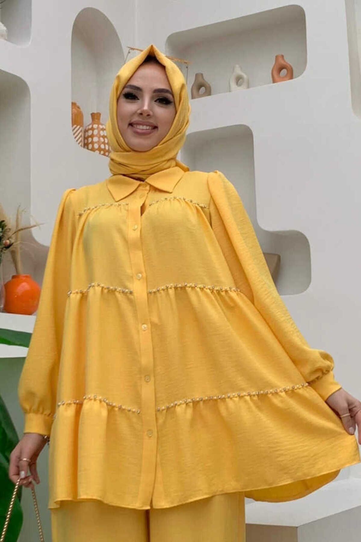 Bym Fashion Kat Taş İşleme Görünümlü Düğmeli Tunik 2687 Sarı