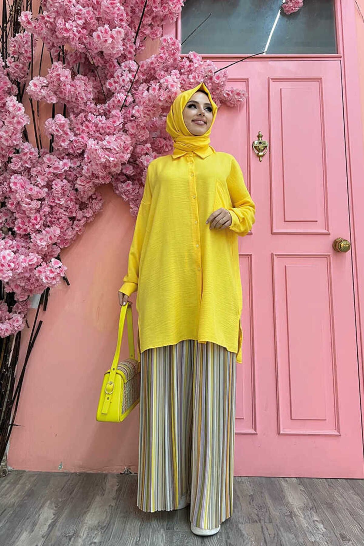 Bym Fashion Boydan Düğmeli Cep Detaylı Tunik 2688 Sarı