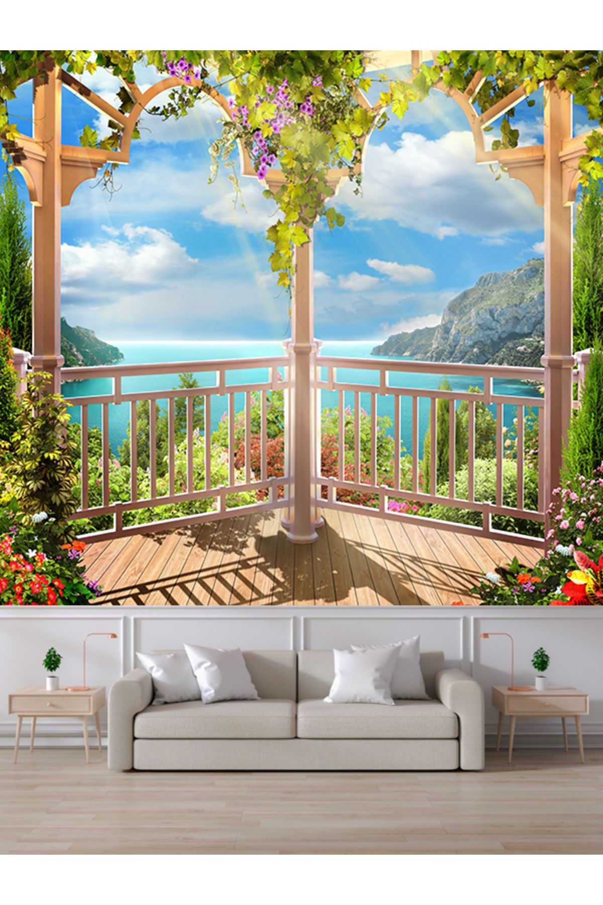 dreamwall Deniz Manzaralı Balkon Desenli Tekstil Duvar Kağıdı