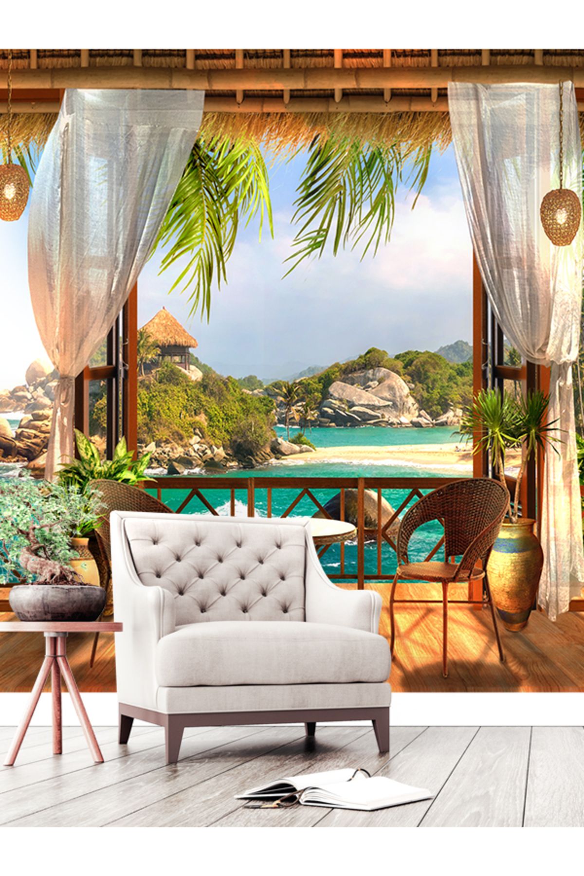 dreamwall Tropikal Deniz Manzaralı Balkon Desen Sağlıklı Tekstil Duvar Kağıdı
