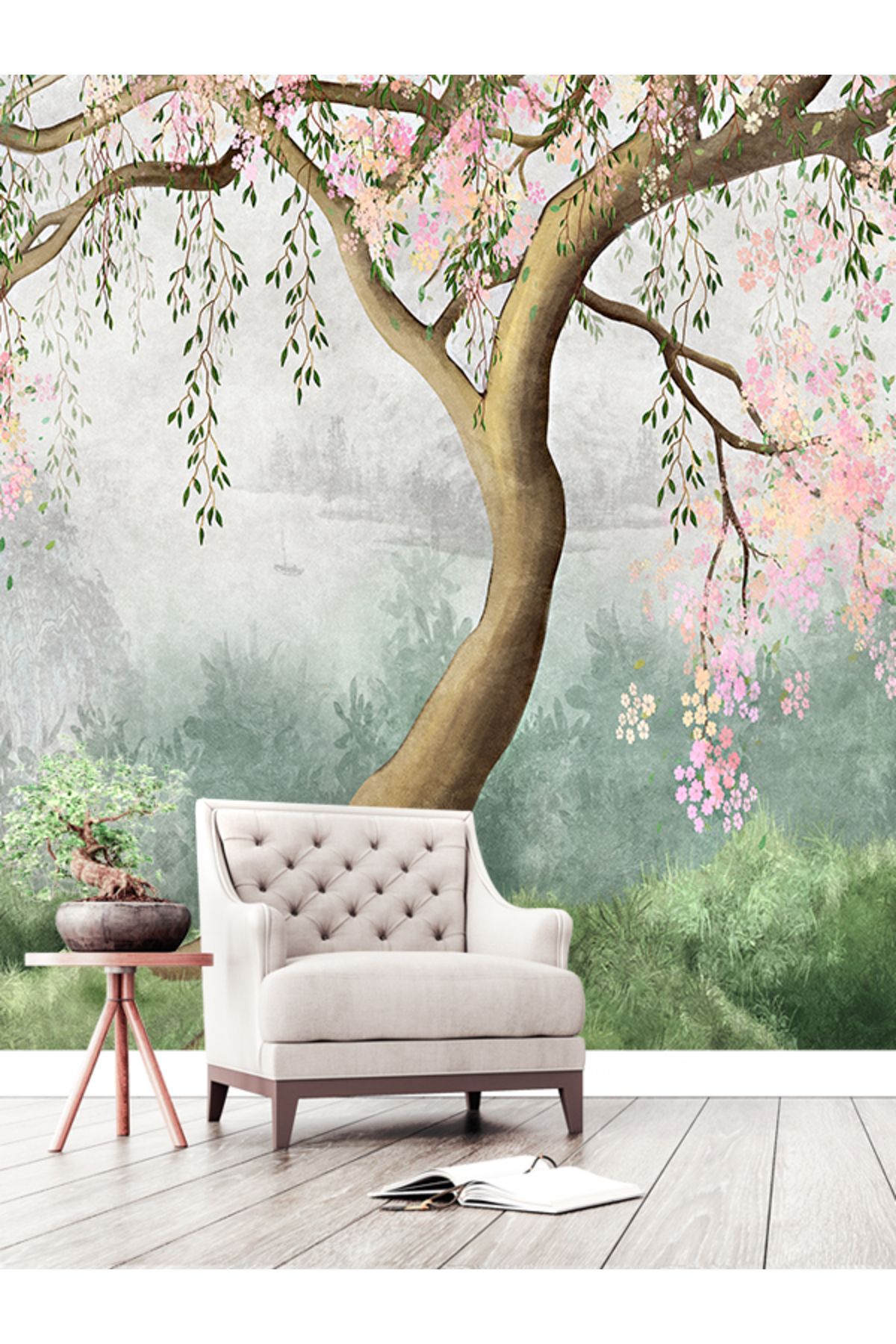 dreamwall Sulu Boya Çalışması Pembe Çiçekli Ağaç Desenli Tekstil Duvar Kağıdı