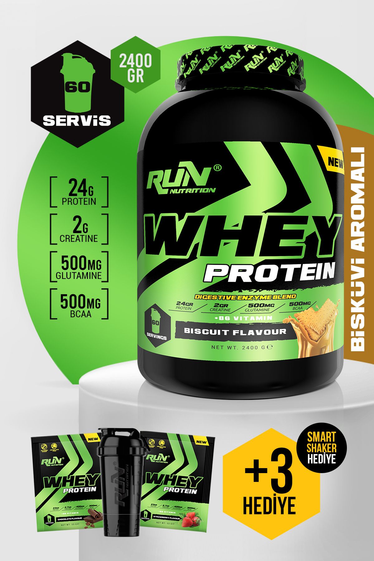 Run Nutrition Whey Protein - 2.4 Kg - Bisküvi Aromalı - 60 Servis - Hediyeli