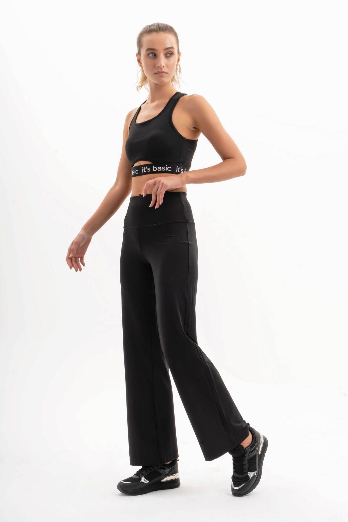its basic Kadın Siyah Renk Comfort Wide Leg Kesim Dalgıç Kumaş Pantolon