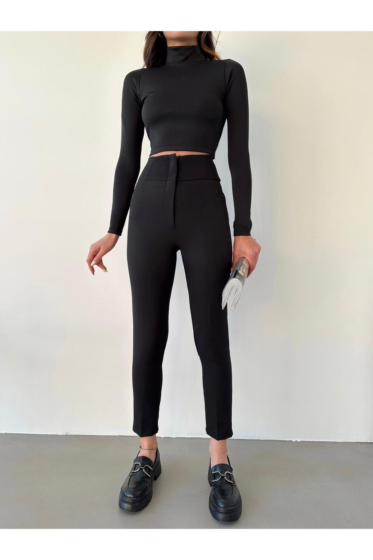 monlera Kadın Darpaça Yüksek Bel Likralı Siyah Kumaş Pantolon
