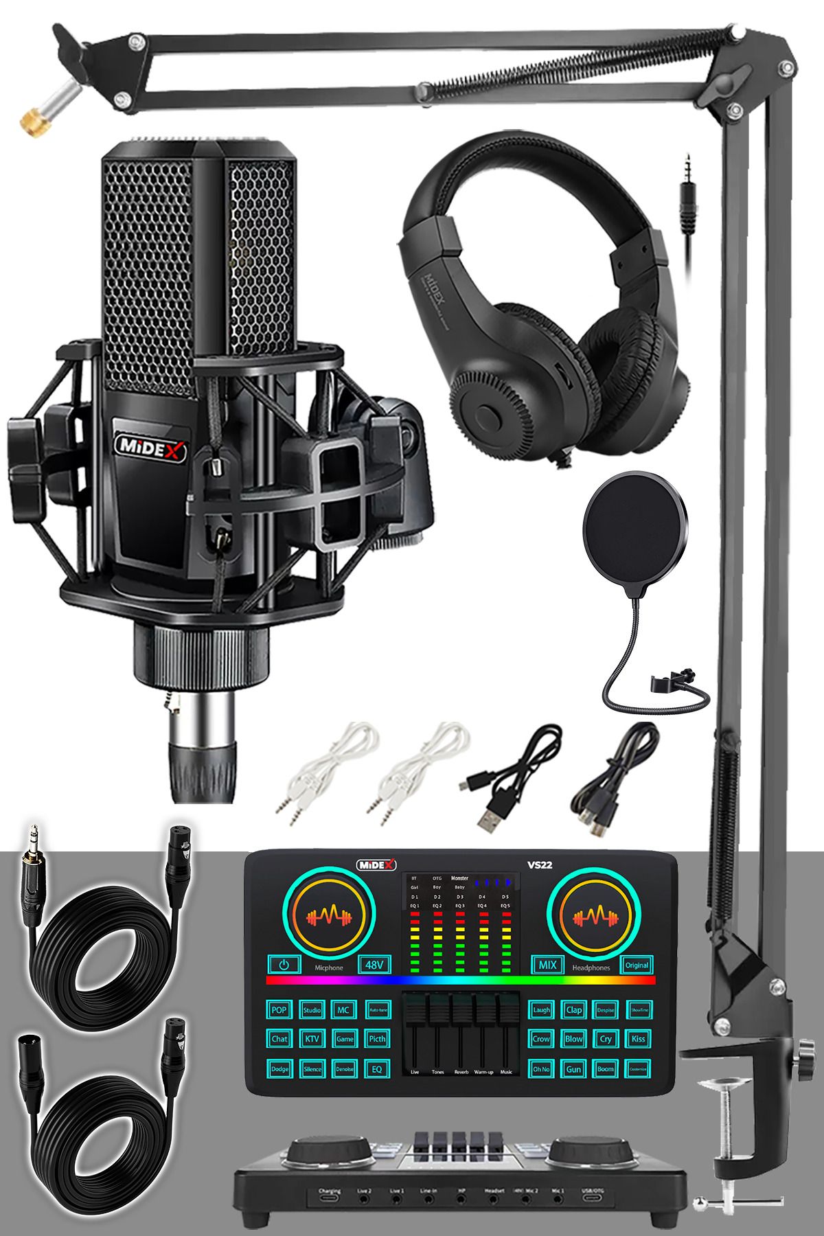 Midex MX-2020 Effective Set Efektli Ses Kartı Mikrofon Kulaklık Stand Kayıt Canlı Yayın Seti