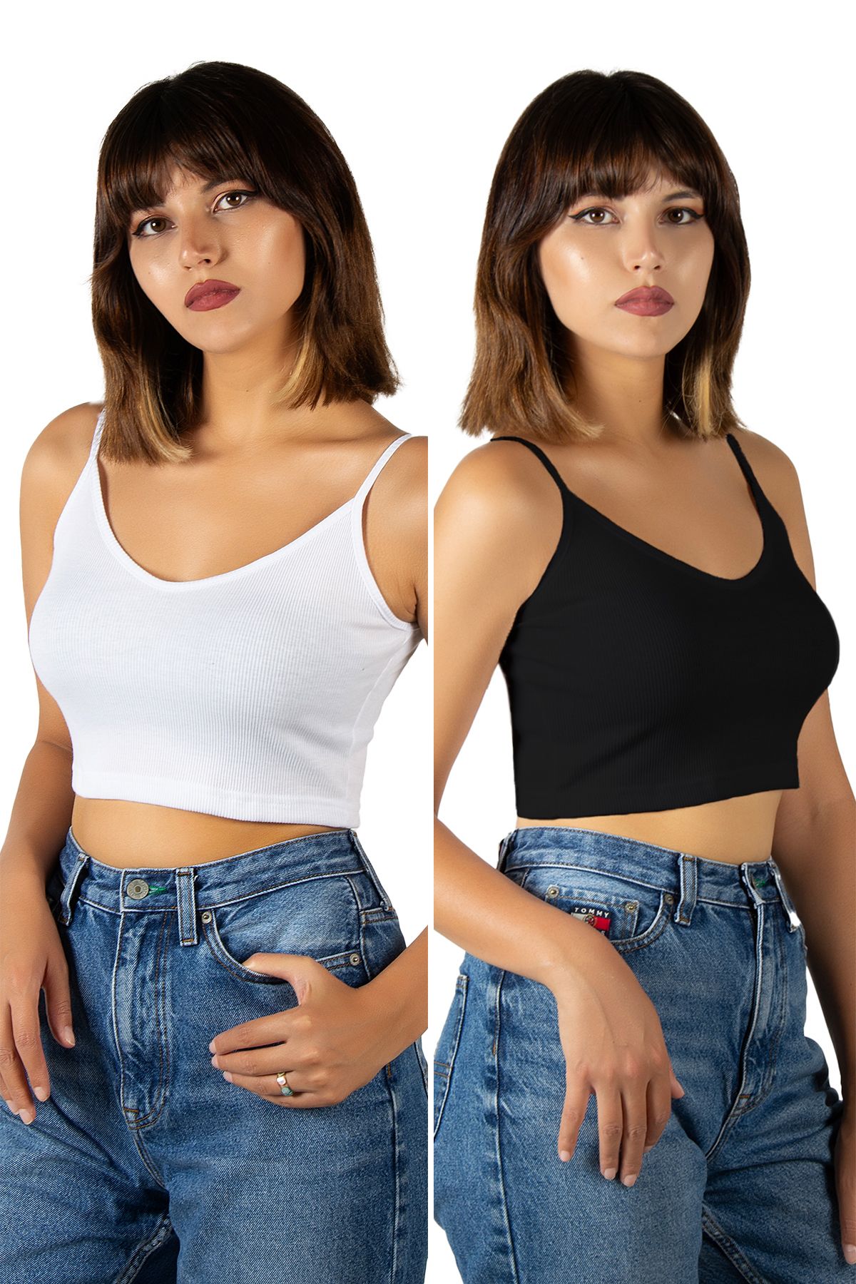 VEAVEN 2'li Paket Siyah Beyaz İp Askılı Fitted/Vücuda Oturan Fitilli Örme Crop Top Bluz