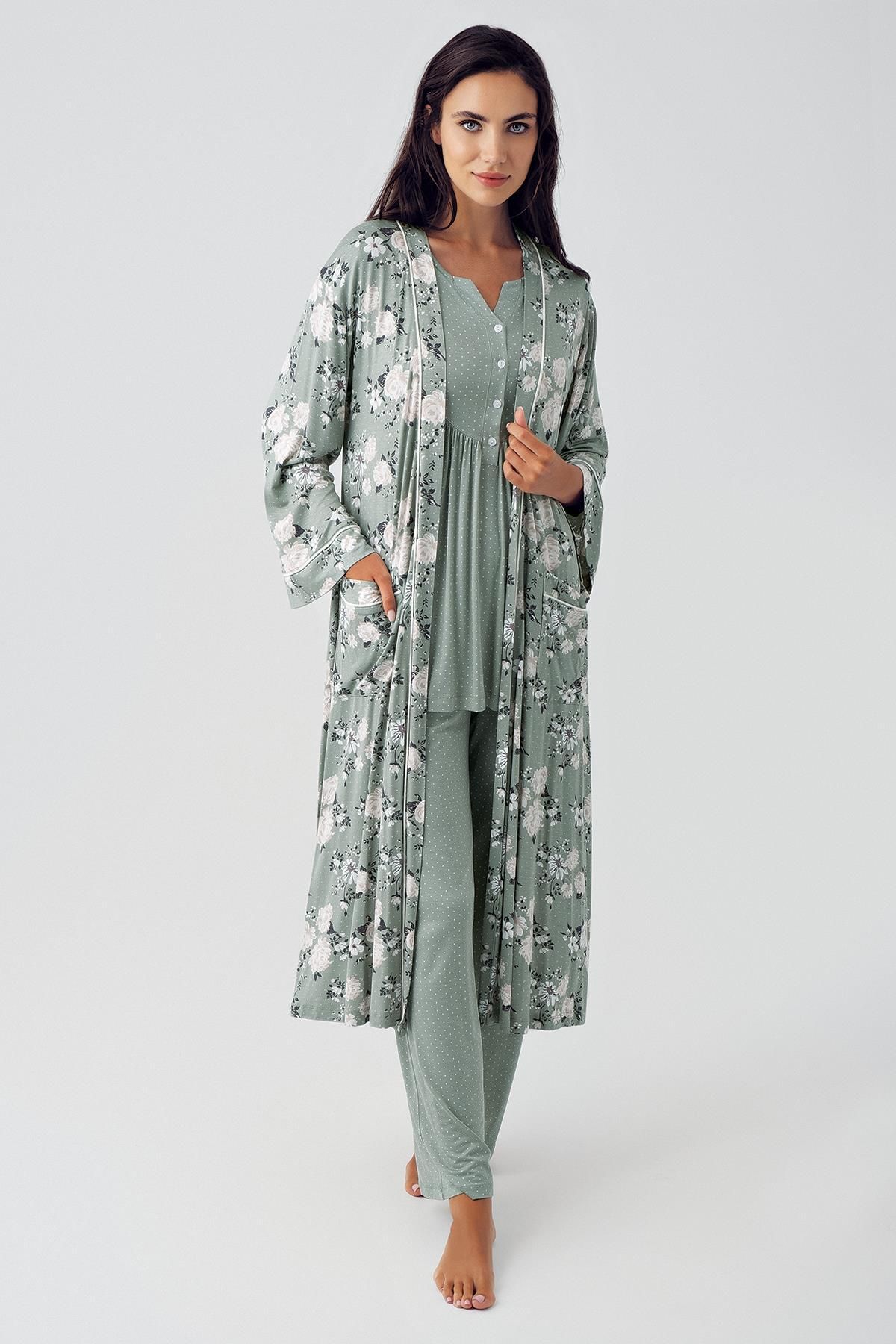 Artış Kadın Uzun Kollu Düğmeli Desenli Likralı Viskon Sabahlık Pijama Takımı