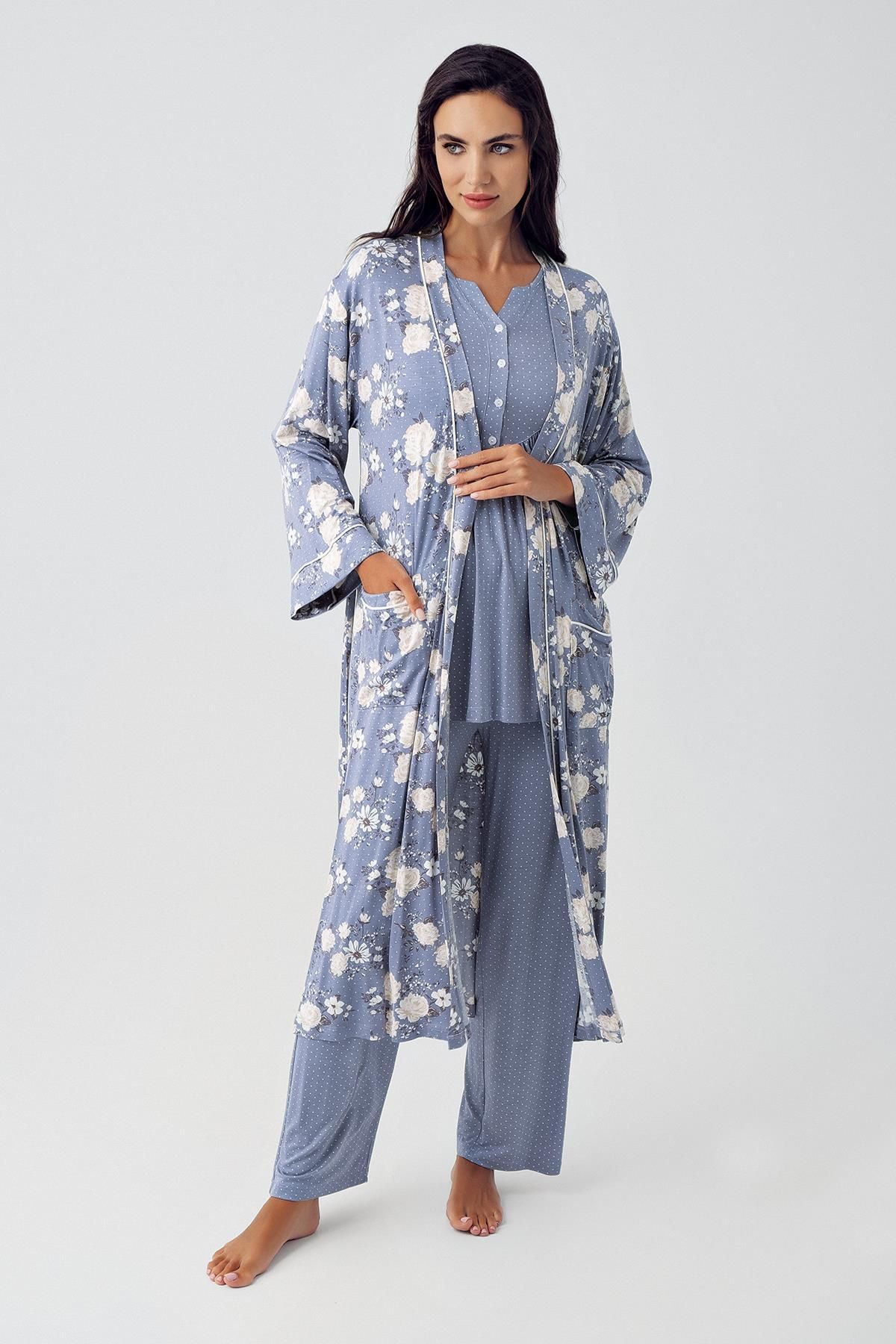 Artış Kadın Uzun Kollu Düğmeli Desenli Likralı Viskon Sabahlık Pijama Takımı
