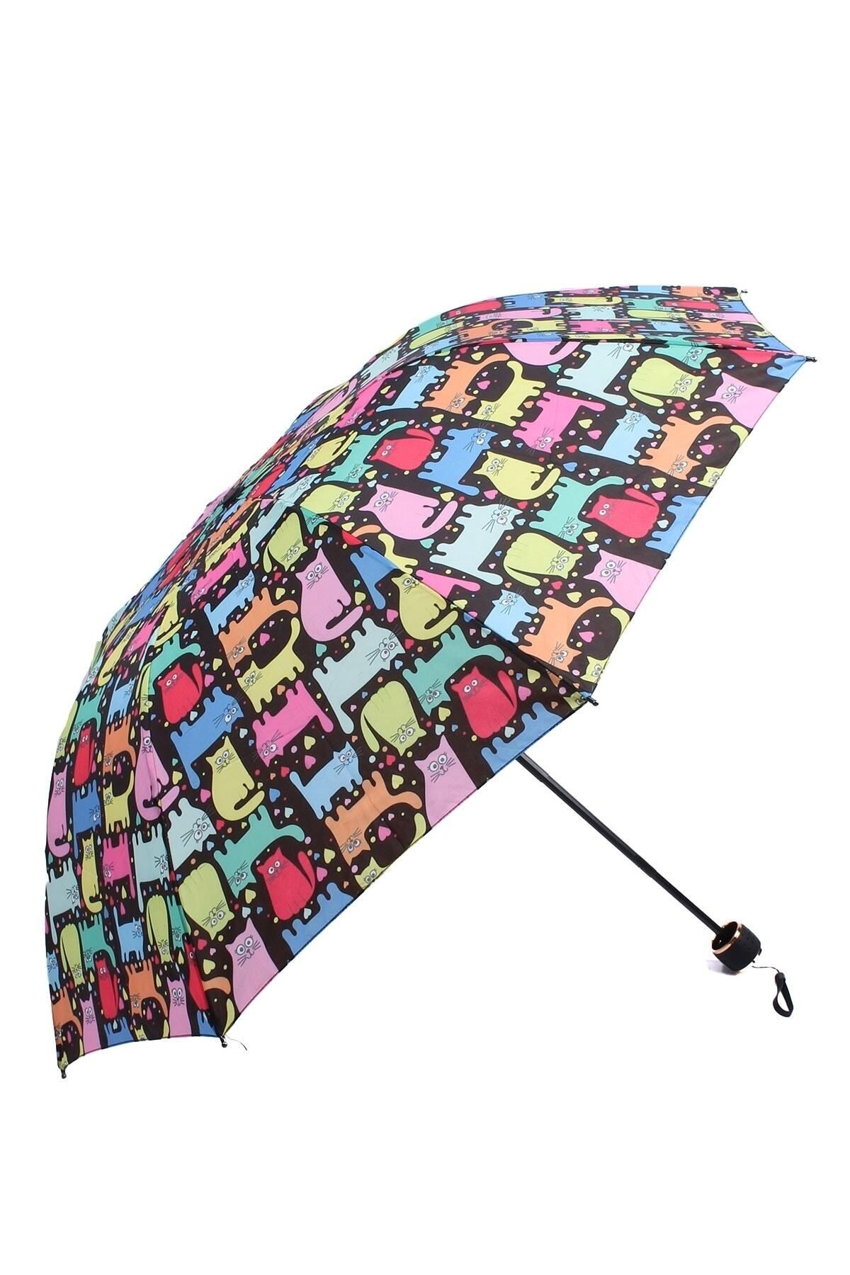 Marlux Renkli Kedi Desenli 8 Telli Manuel Rüzgara Dayanıklı Şemsiye