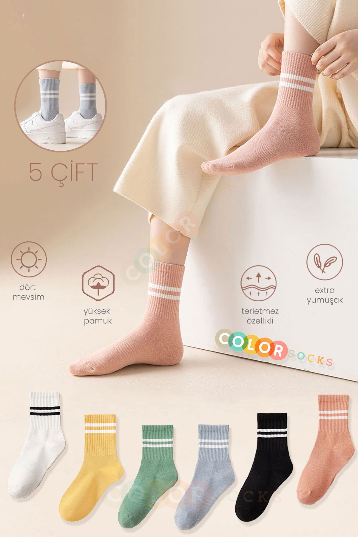 Color Socks Çizgili Pastel Renk Kadın Kolej Çorap Seti (EXTRA COMFORT)