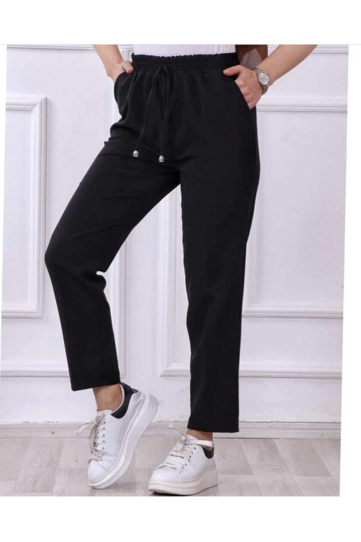 Melisa Giyim Kadın Siyah Beli Lastikli Havuç Kesim Kumaş Pantolon