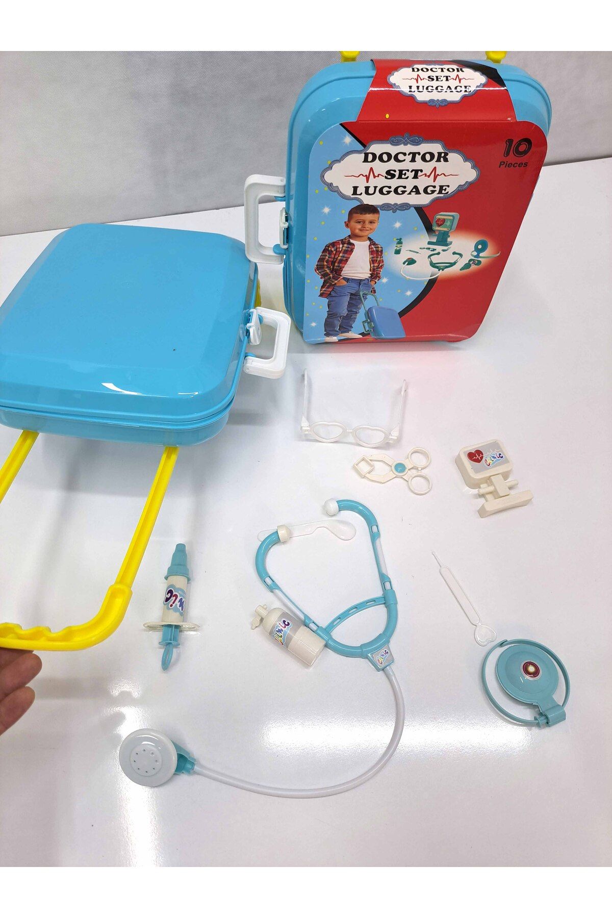 ALYTOYS Erkek Çocuk Oyuncak Mavi Valiz içinde Doktor seti 10pcs tutma kulpu uzuyor 50cm x27cm tekerlekli