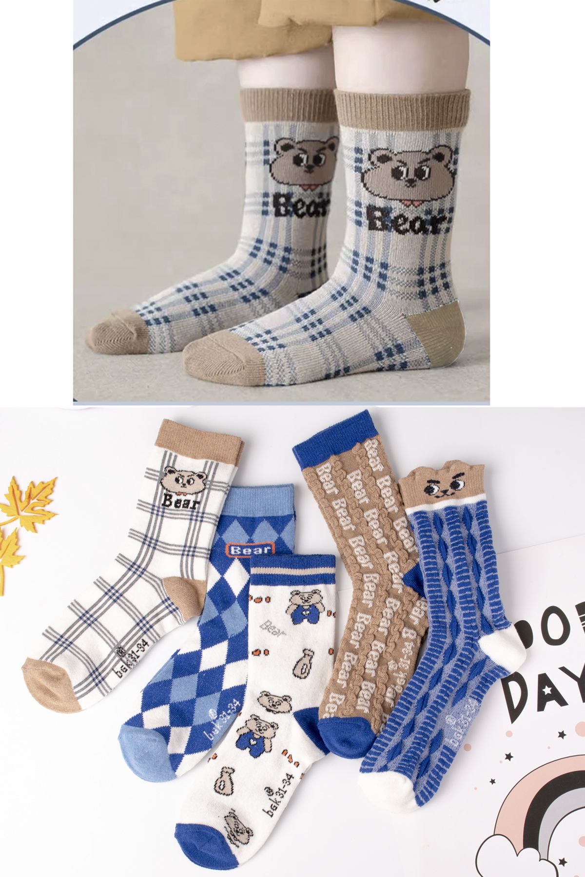BGK 5 Çift Mavi Bear Çocuk Desenli Çorap