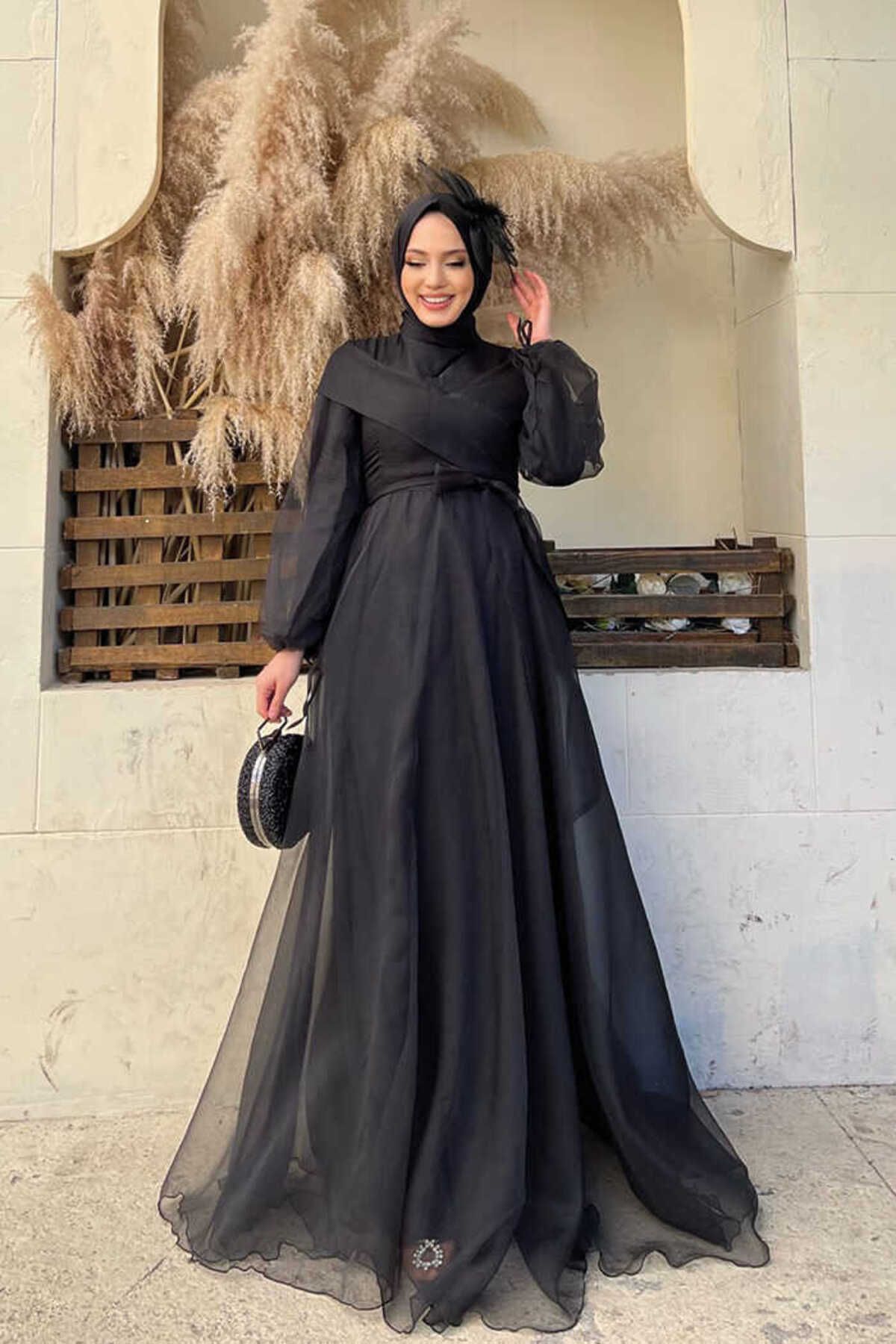 Bym Fashion Omuz Şerit Detay Bel Bağlamalı Tül Abiye Elbise 3964 Siyah
