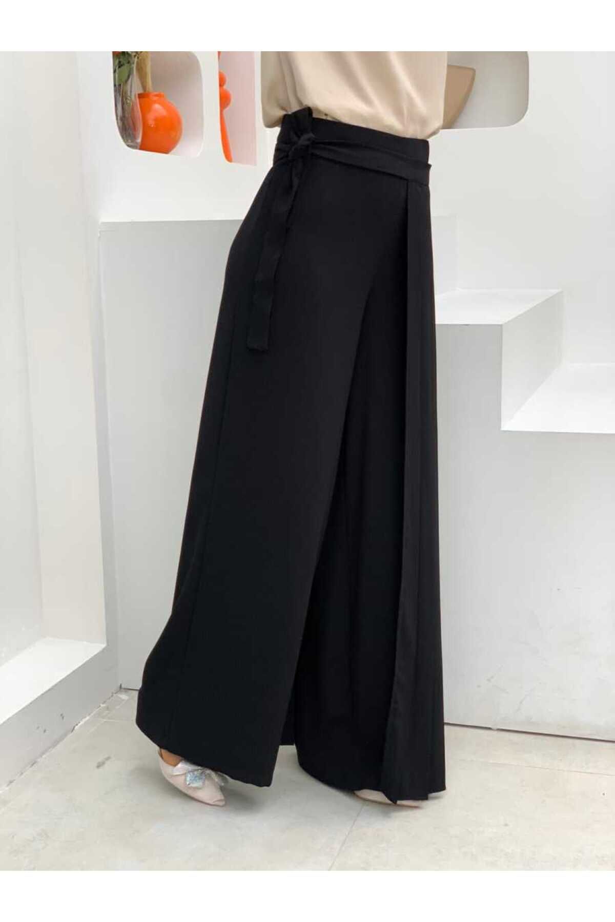Bym Fashion Piliseli Ayrı Bağlamalı Parça Detaylı Pantolon Etek 0274 Siyah