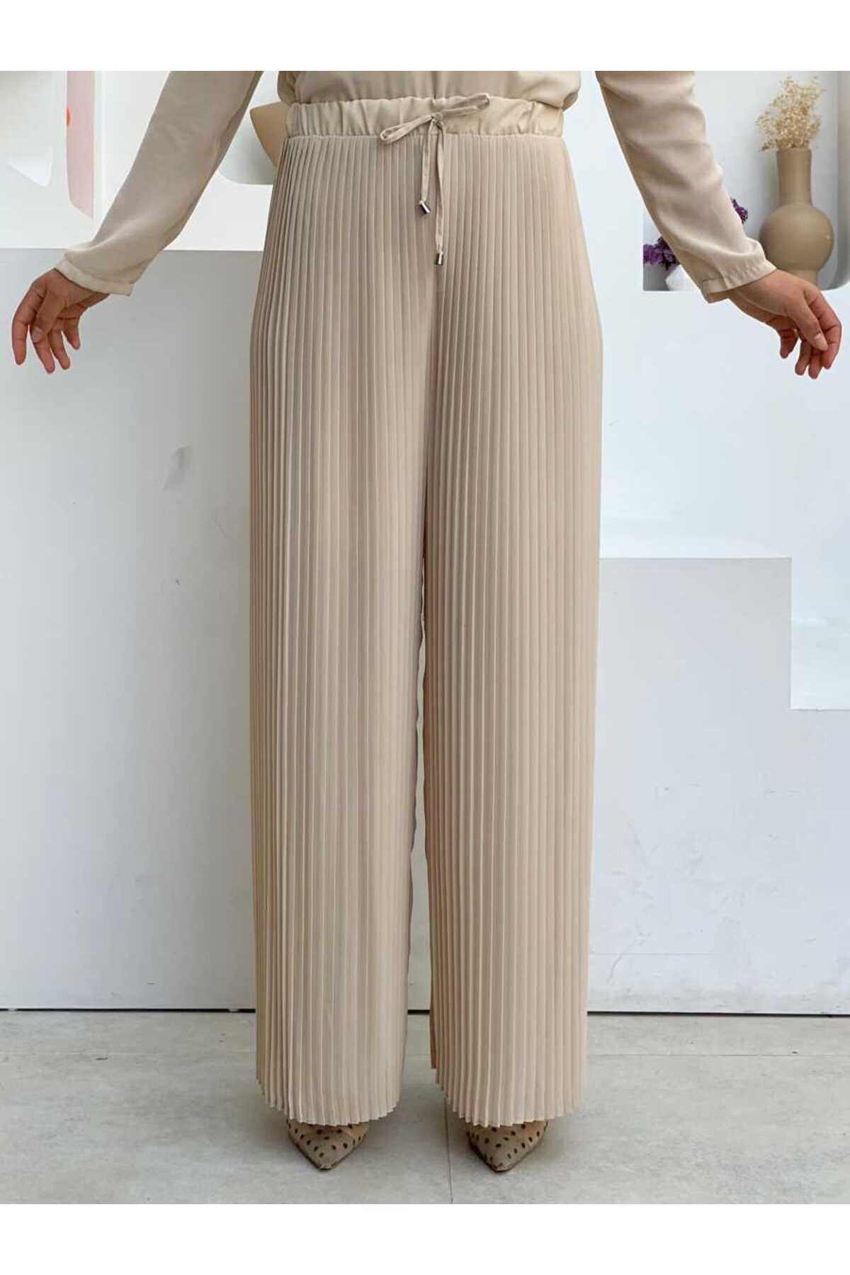 Bym Fashion Bel Lastikli Bağcık Görünümlü Piliseli Pantolon 0129 Taş
