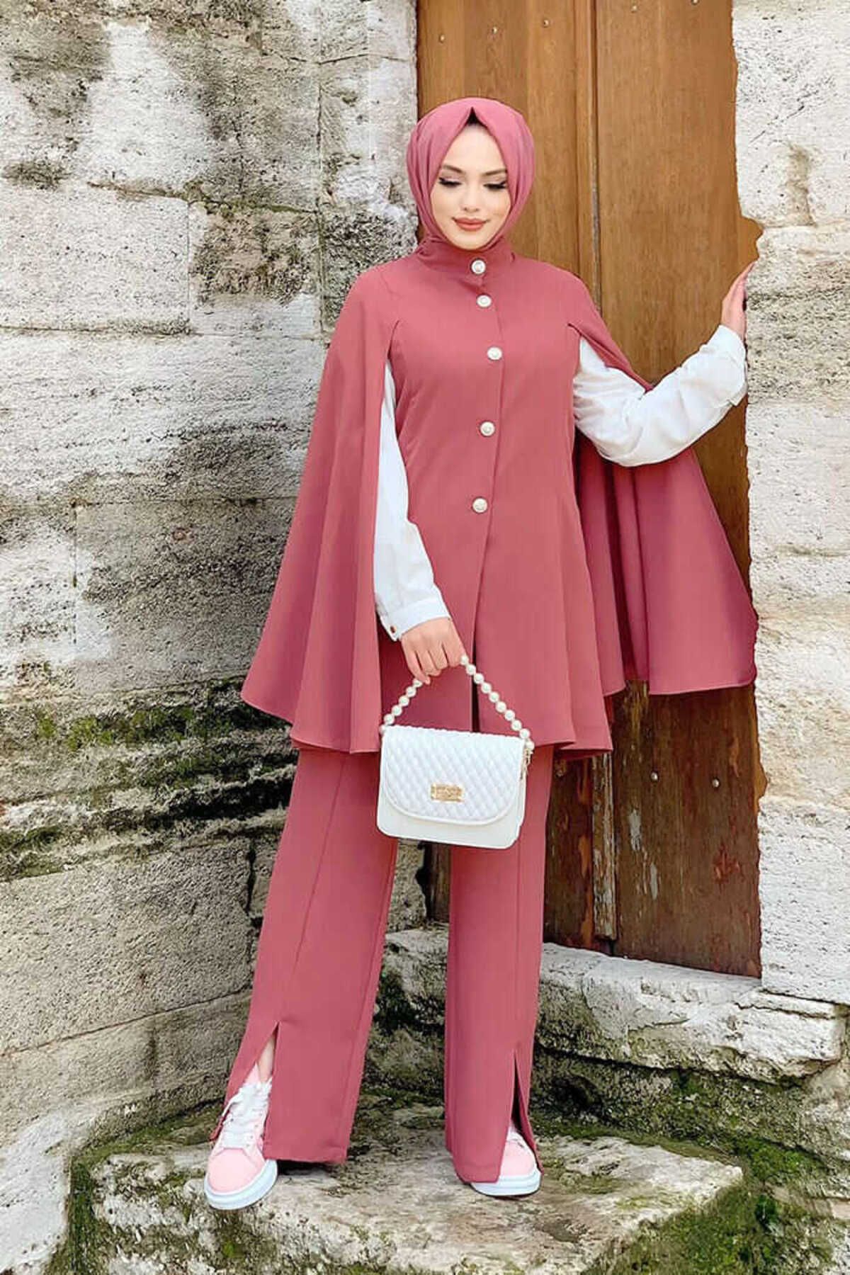 Bym Fashion Pelerinli Düğme Detay Ceket ve Pantolon Takım 8354 Gül Kurusu