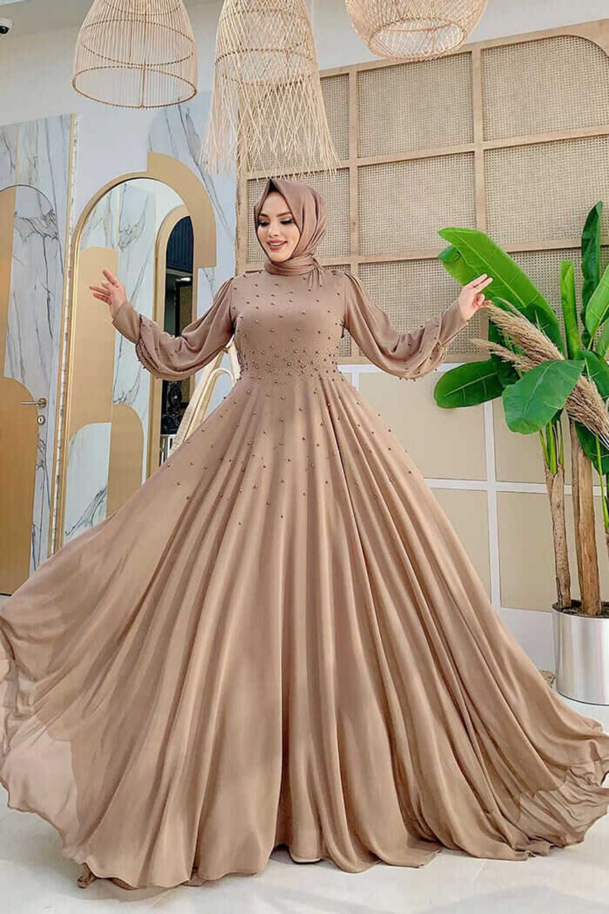Bym Fashion Balonkol Görünümlü İncili Astarlı Şifon Abiye Elbise 3688 Vizon